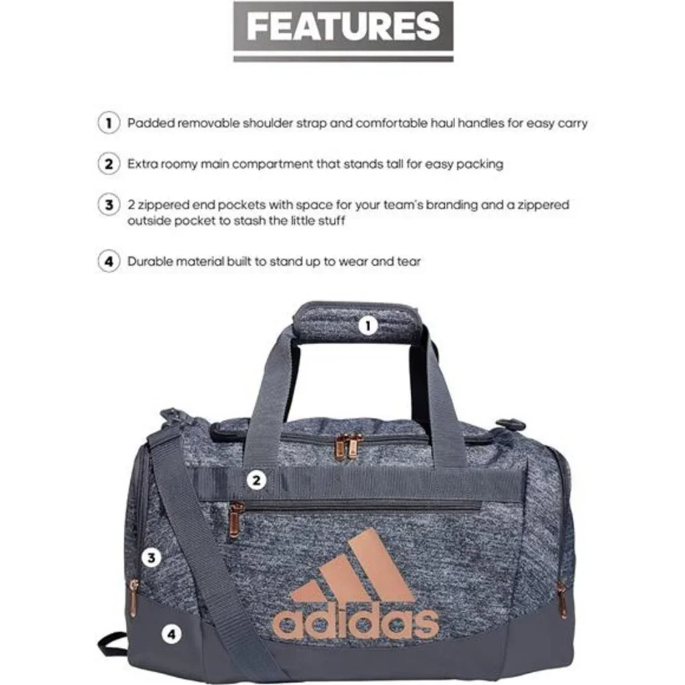 New Adidas‎ Unisex Defender 4 Small Duffel Bag (Onix Grey/Rose Gold)